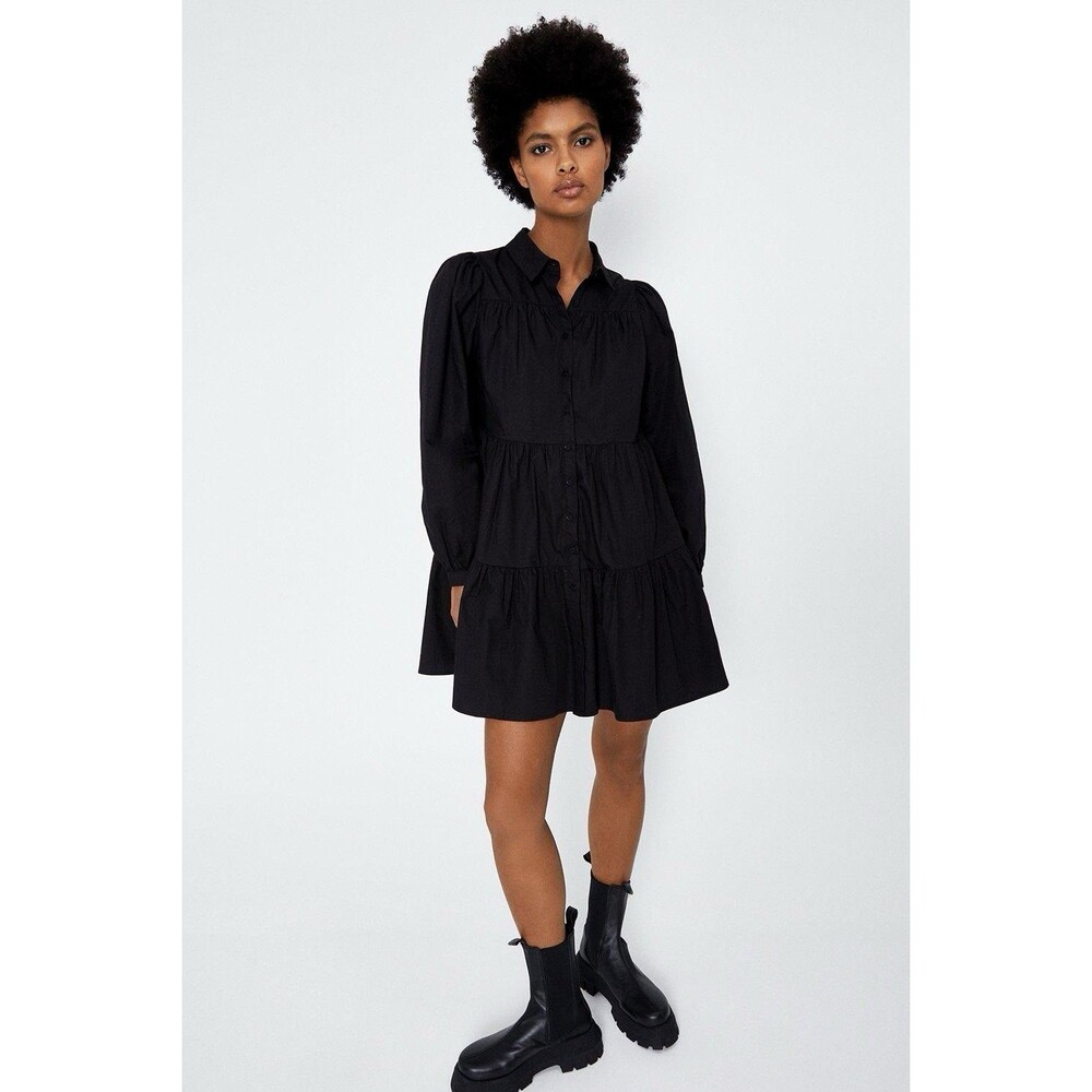 Warehouse Womens Tiered Smock Dress collared ballon Sleeve 100% cotton gothic L